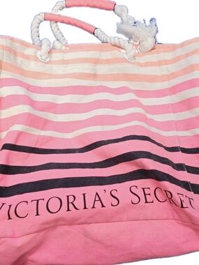 Victoria’s Secret Oversized Striped Canvas Beach Tote Bag Pink Coral Rope Handle